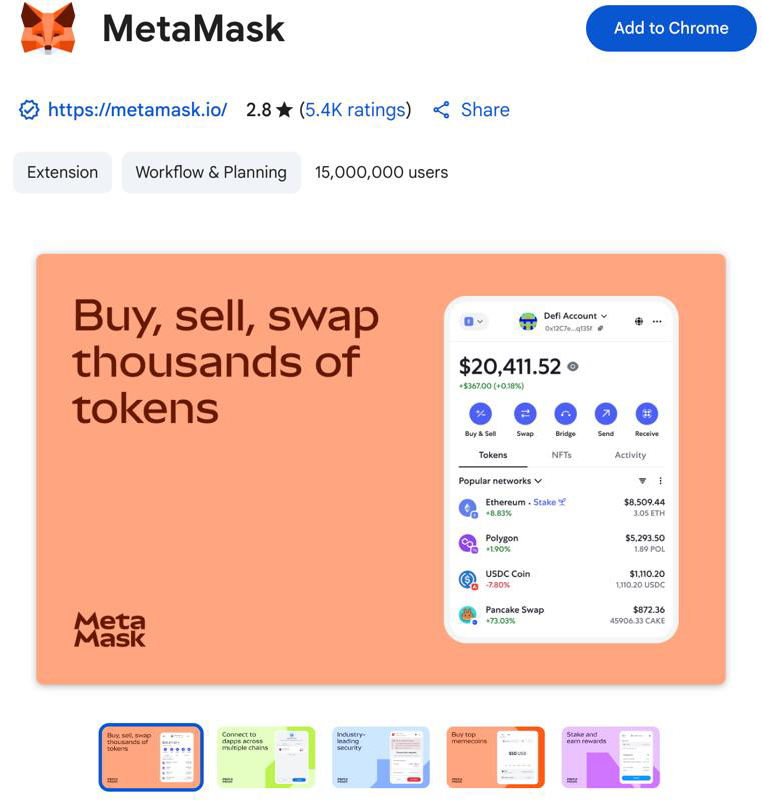 The detail page of the MetaMask Chrome extension