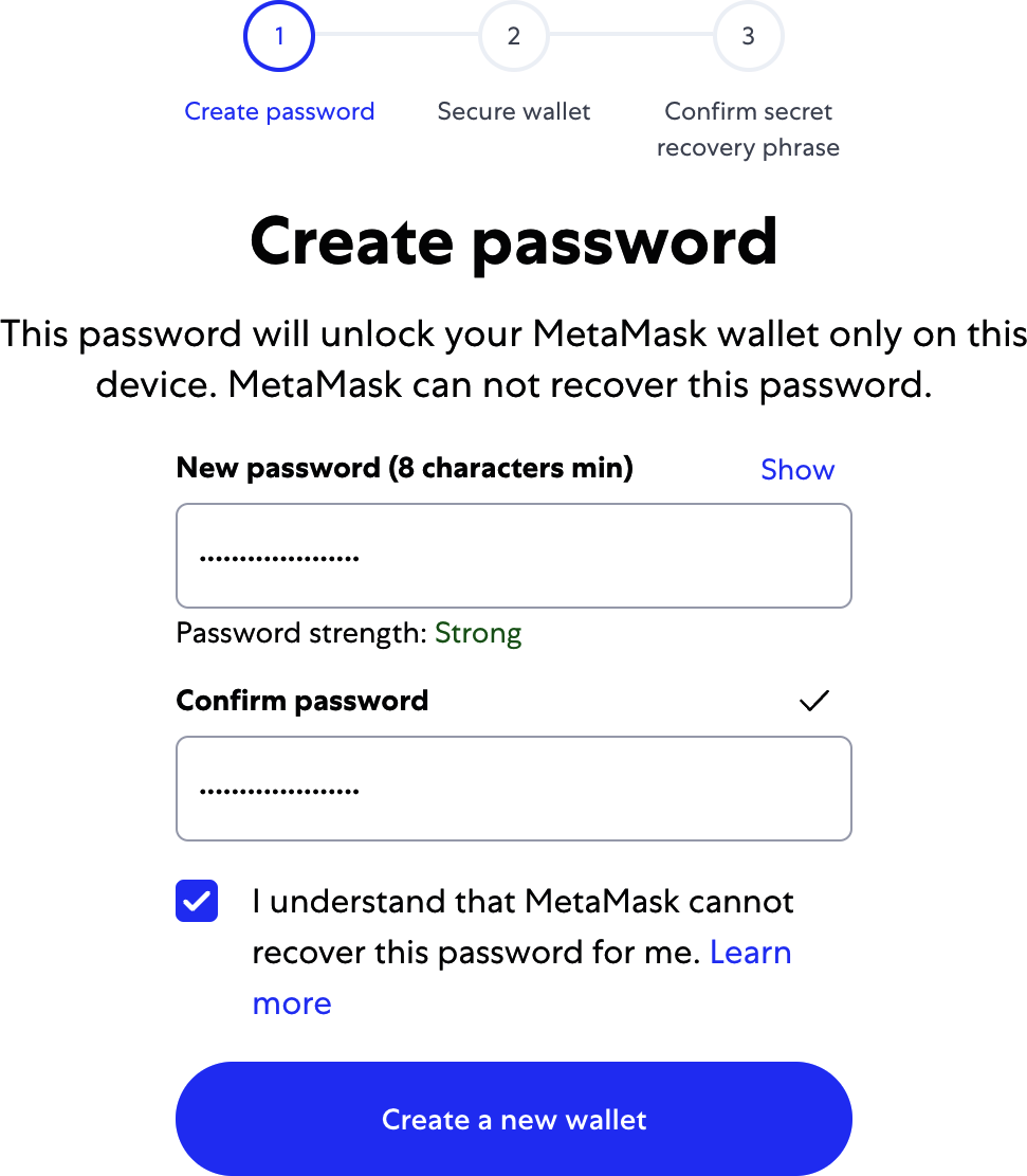 The password page of the MetaMask Chrome extension