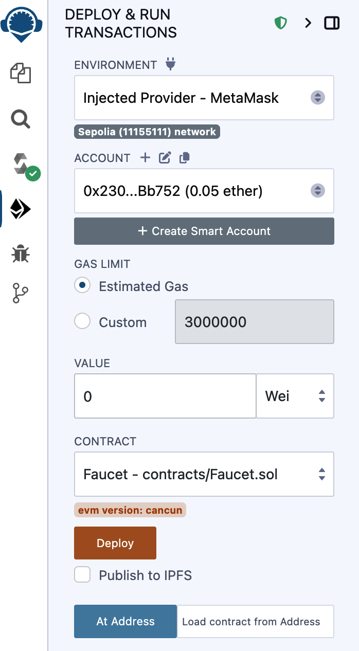 Remix IDE Run tab with Injected Web3 environment selected