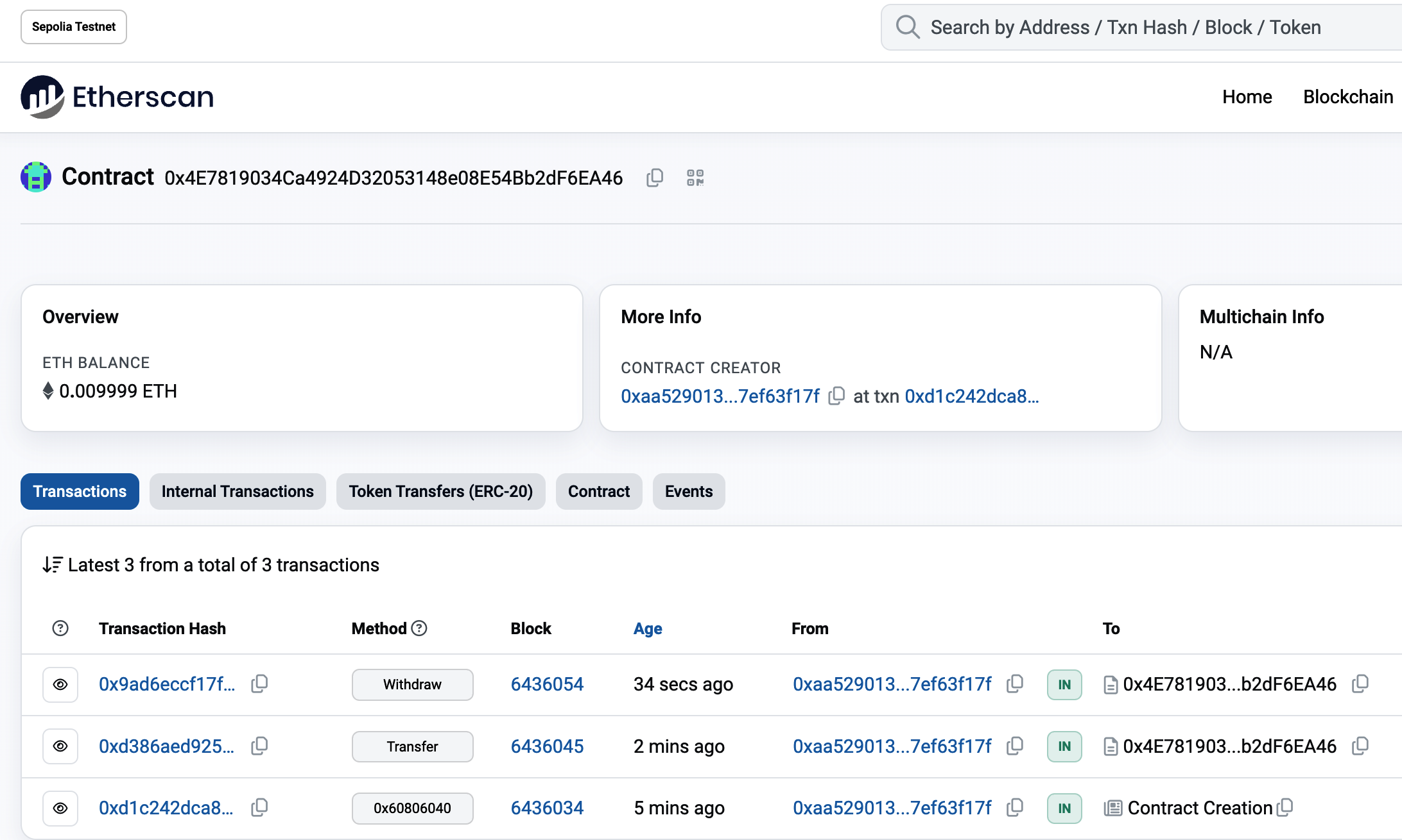 Etherscan shows the transaction calling the withdraw function