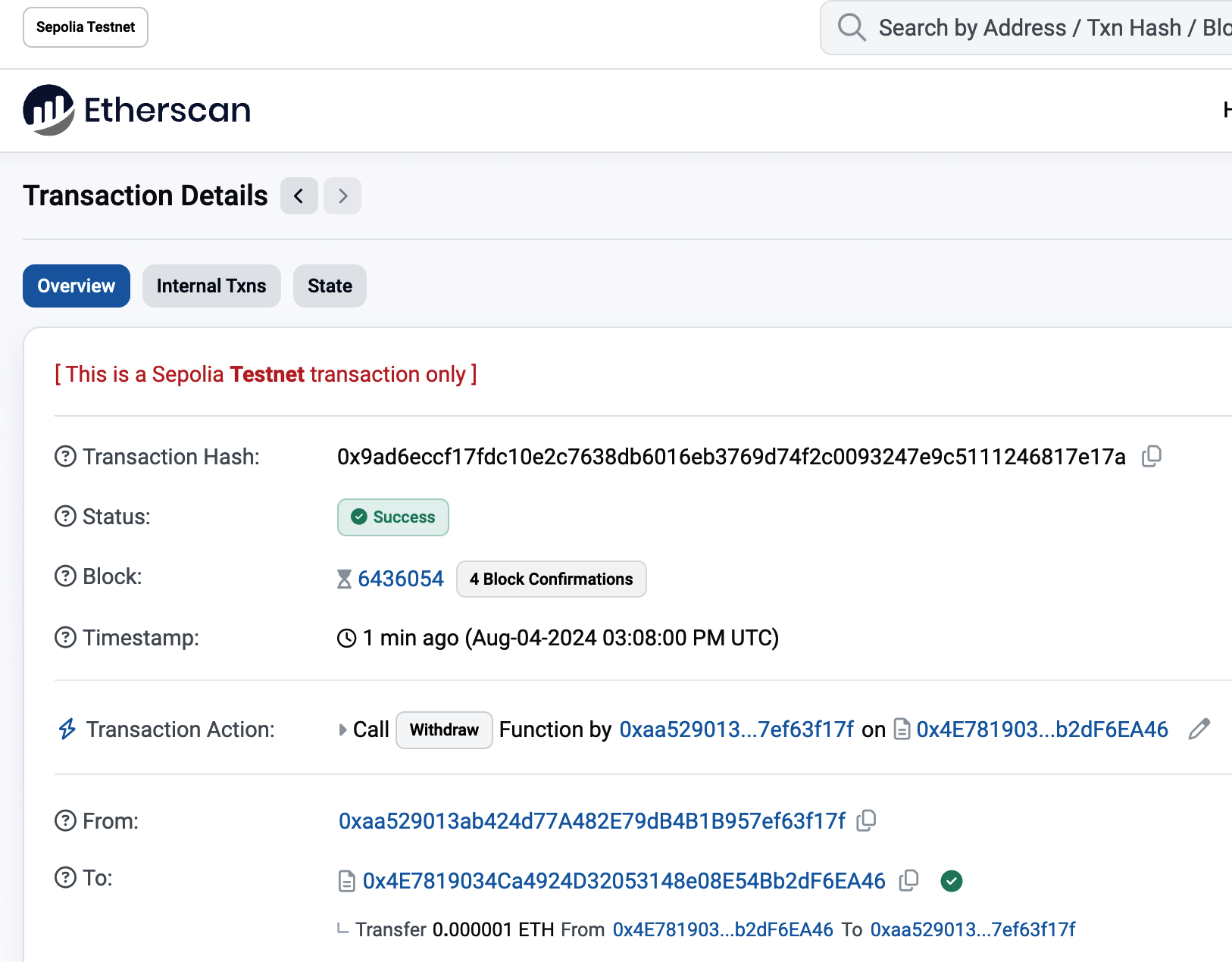 Etherscan shows the internal transaction transferring ether out from the contract