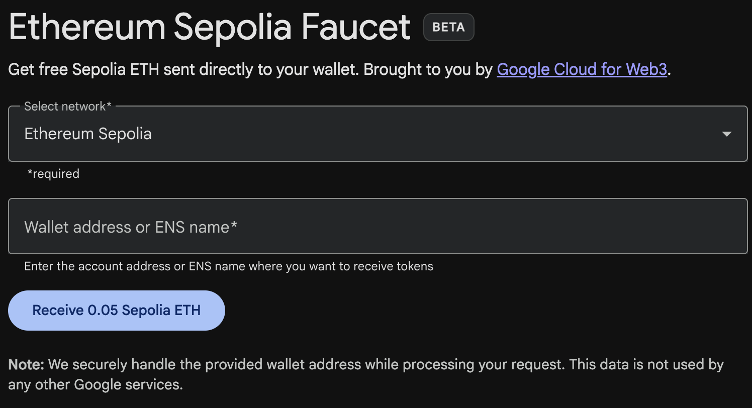 Google Cloud Web3 faucet interface