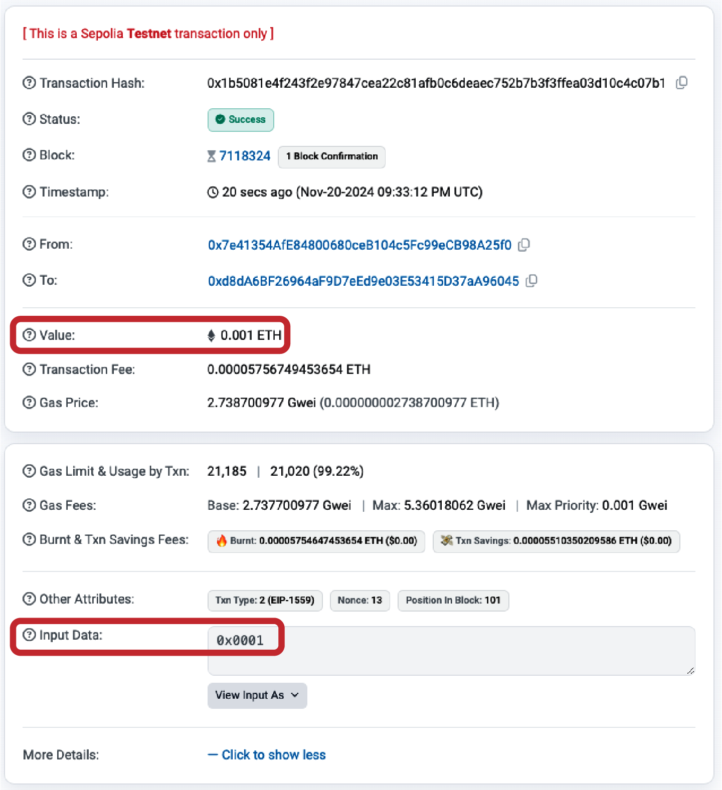 Transaction with value and data